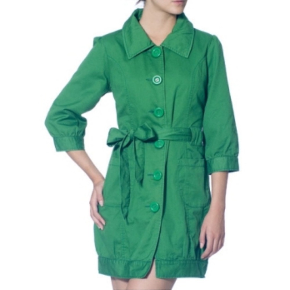 Anthro Tullette Green Button-Up Trench Coat Size Small